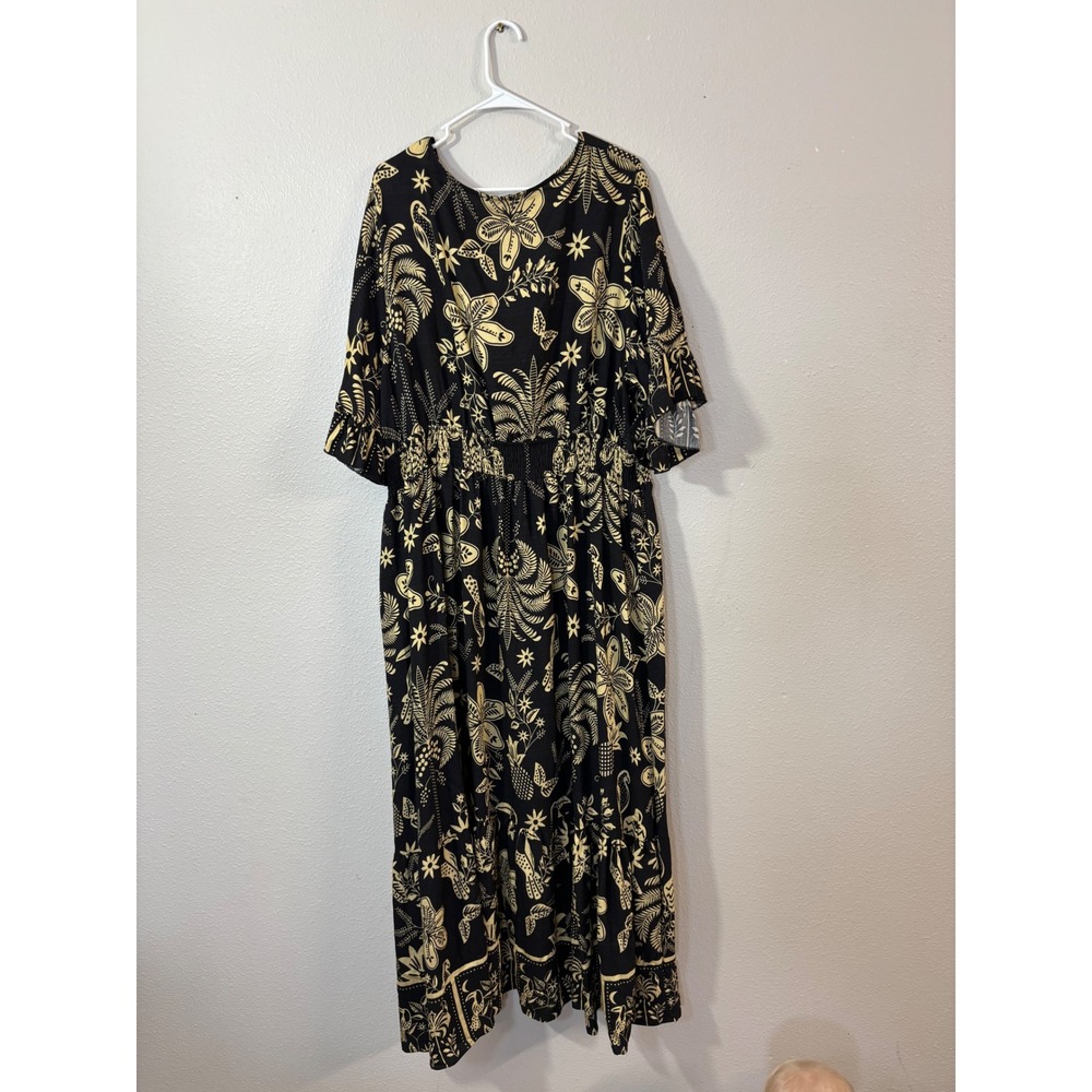 Rusttydustty Womens 4X Tropical Palm Print Smocked Waist Maxi Dress Black Yellow - Picture 2 of 10